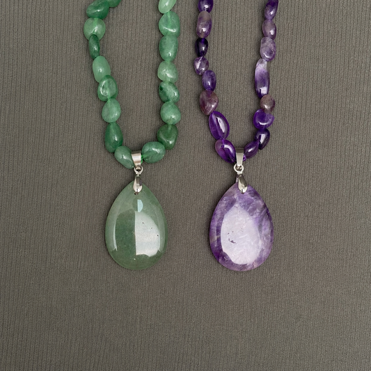 Drop Pendant Natural Stone Beaded Long Necklace - CS: Green Aventurine