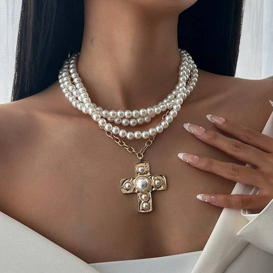 MULTI WRAP PEARL BEADED CROSS CHARM NECKLACE | 40NK9599: GOLD