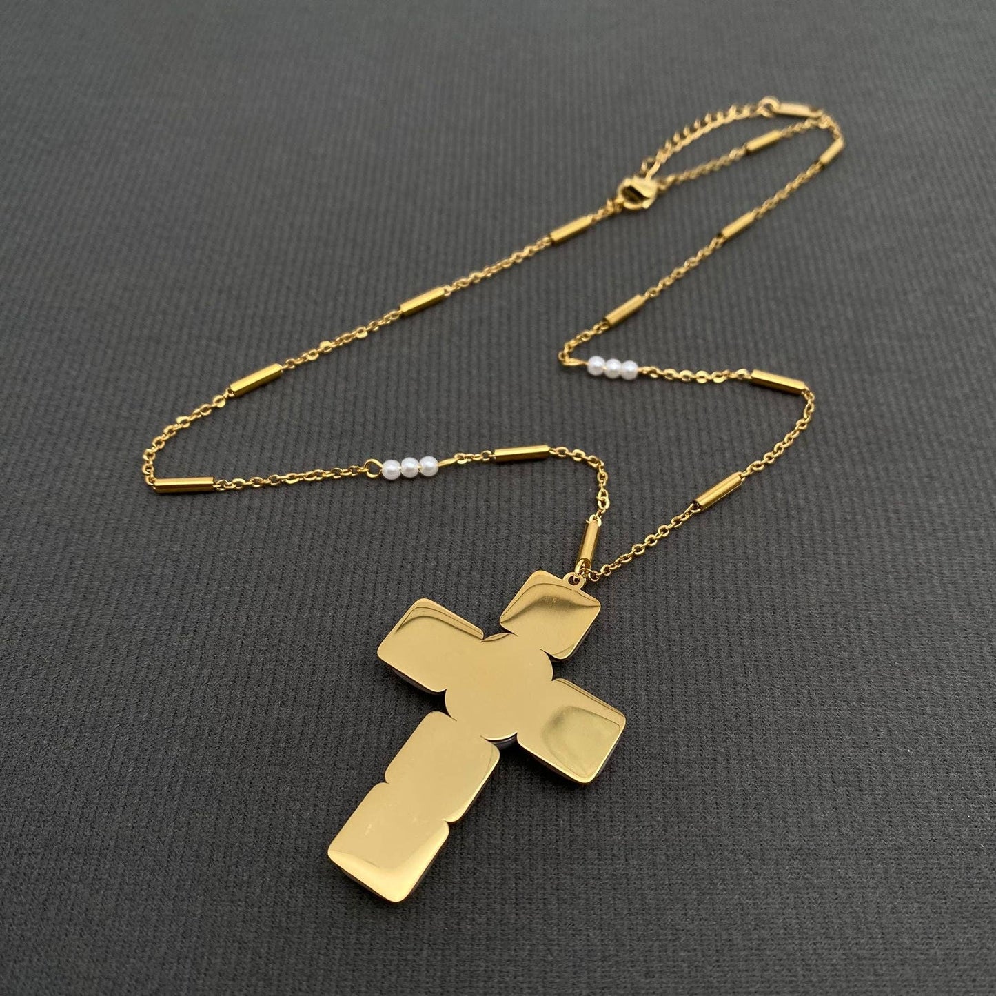 Pearl Cross Charm 18K Gold Plated S.Steel Necklace - FGS