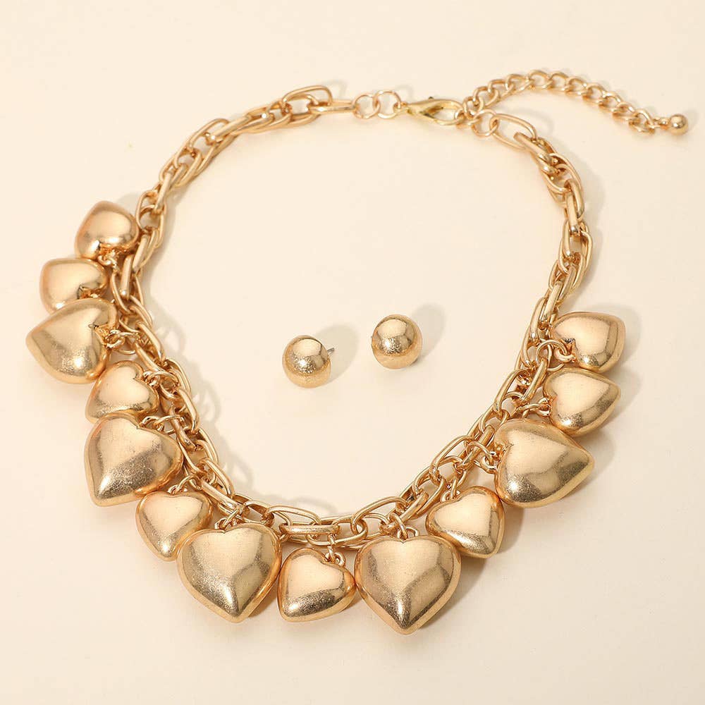 Chunky Puffy Brushed Metal Heart Charm Embellished Necklace: Gold