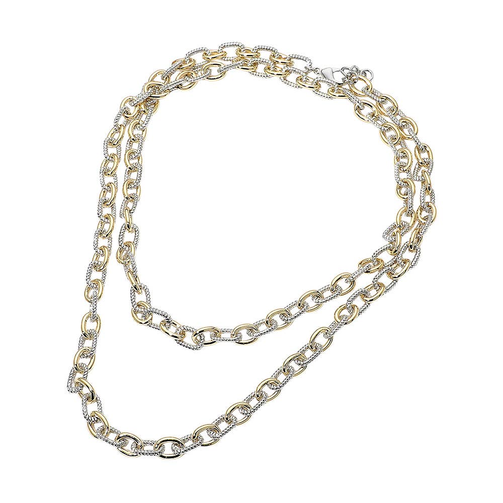 14K Gold Plated Two Tone Textured Link Chain Long Necklace