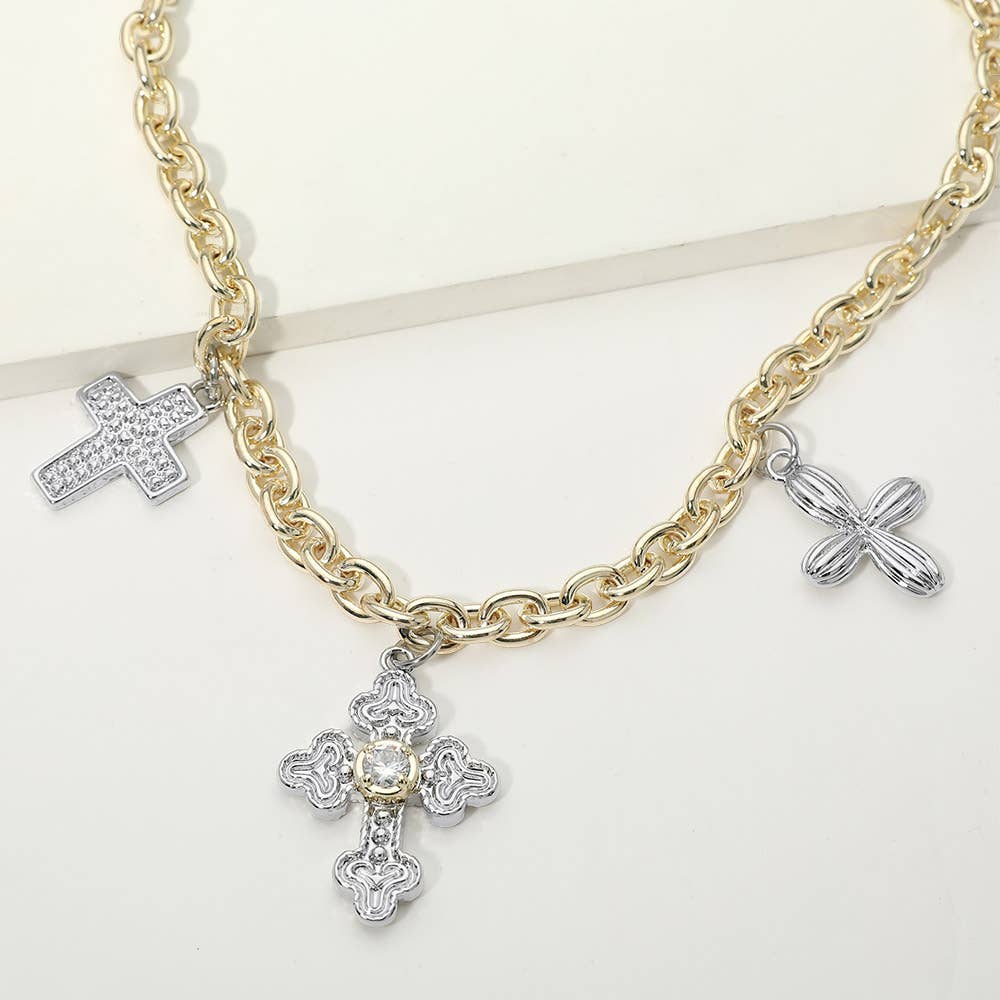 14K Gold Plated Two Tone CZ Pave Cross Charm Station Necklace