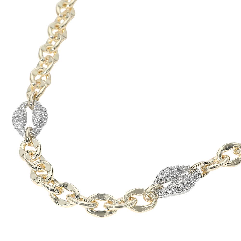 14K Gold Plated Two Tone CZ Stone Paved Link Accent Chunky Chain Necklace