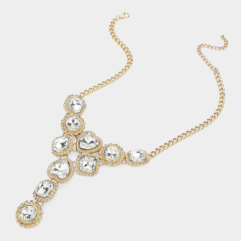 Venetian Stone Cluster Link Y Shaped Statement Necklace: Gold