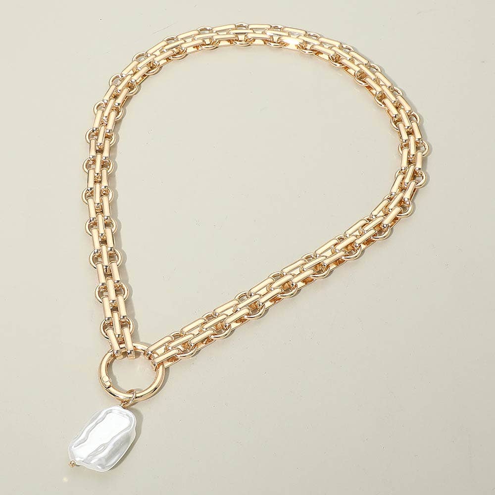 Baroque Pearl Pearl Charm Pendant Chunky Link Chain Necklace: Cream,Gold