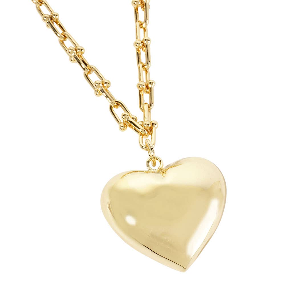 Gold Dipped Bold Puffy Heart Pendant Industrial Chain Necklace: Gold
