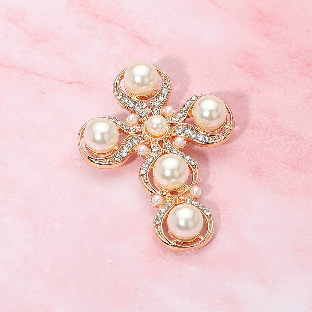 Rhinestone Paved Pearl Antique Cross Pin Brooch: Antique Silver,White