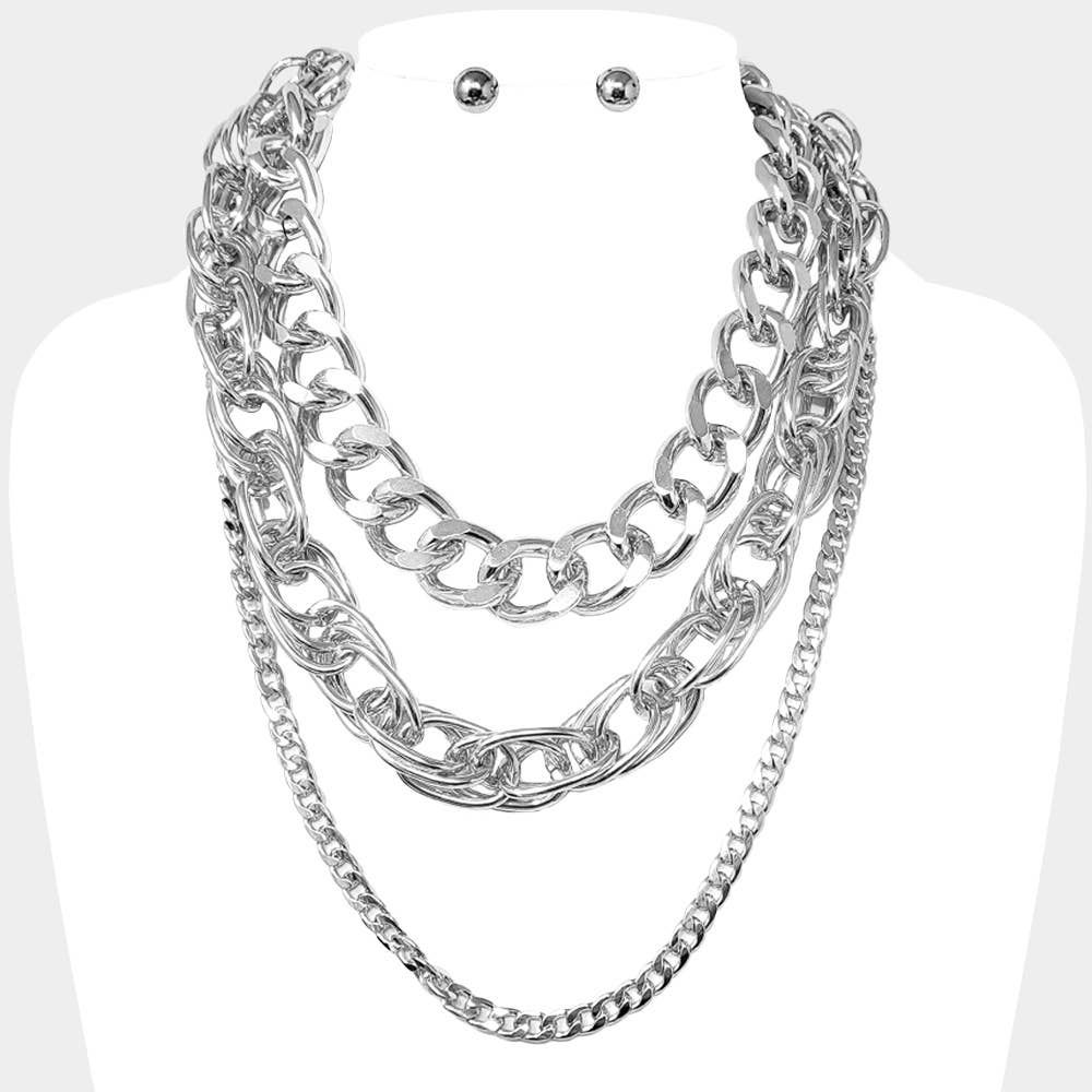 Chunky Metal Layered Chain Statement Necklace: Rhodium