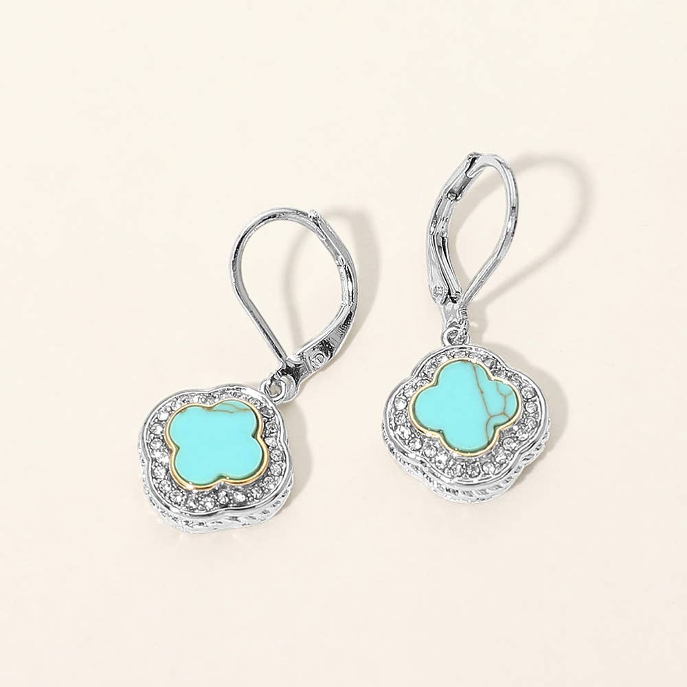 14K Gold Plated CZ Pave Rim Quatrefoil Charm Drop Earrings: Turquoise