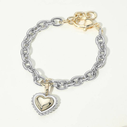 14K Gold Plated Two Tone CZ Pave Heart Charm Chunky Chain Bracelet