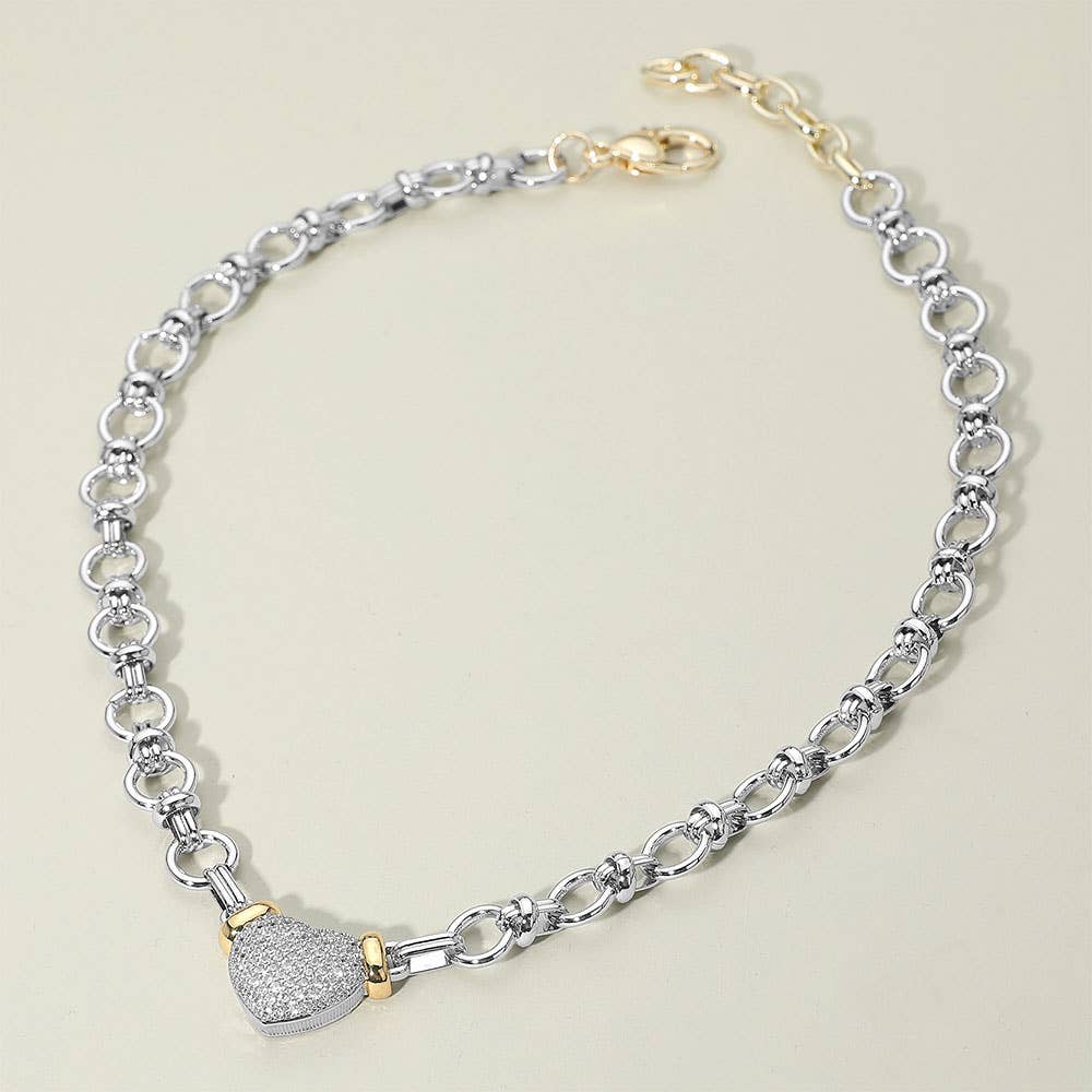 14K Gold Plated Two Tone CZ Stone Paved Heart Pendant Accent Chunky Chain Link Necklace