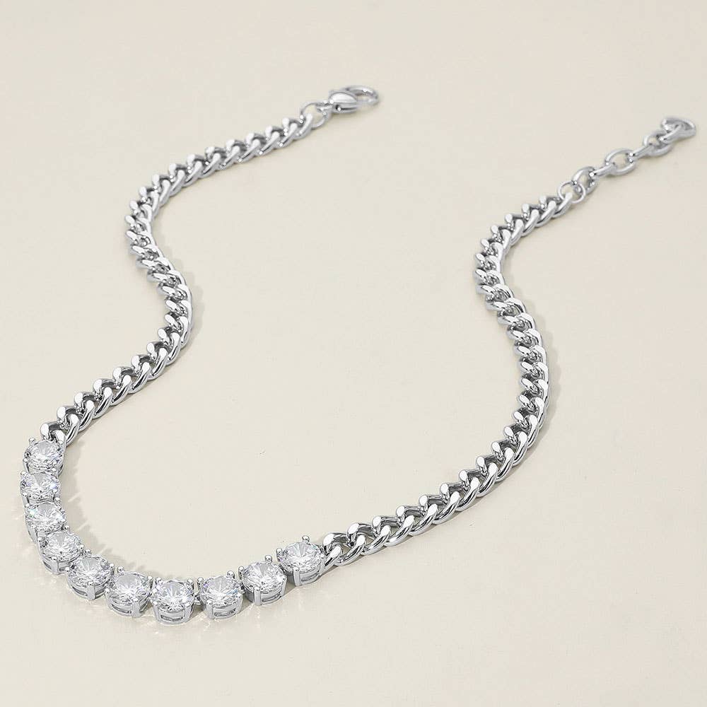 14K Gold Plated Round-Cut Solitaire CZ Stone Link Necklace: Clear Rhodium