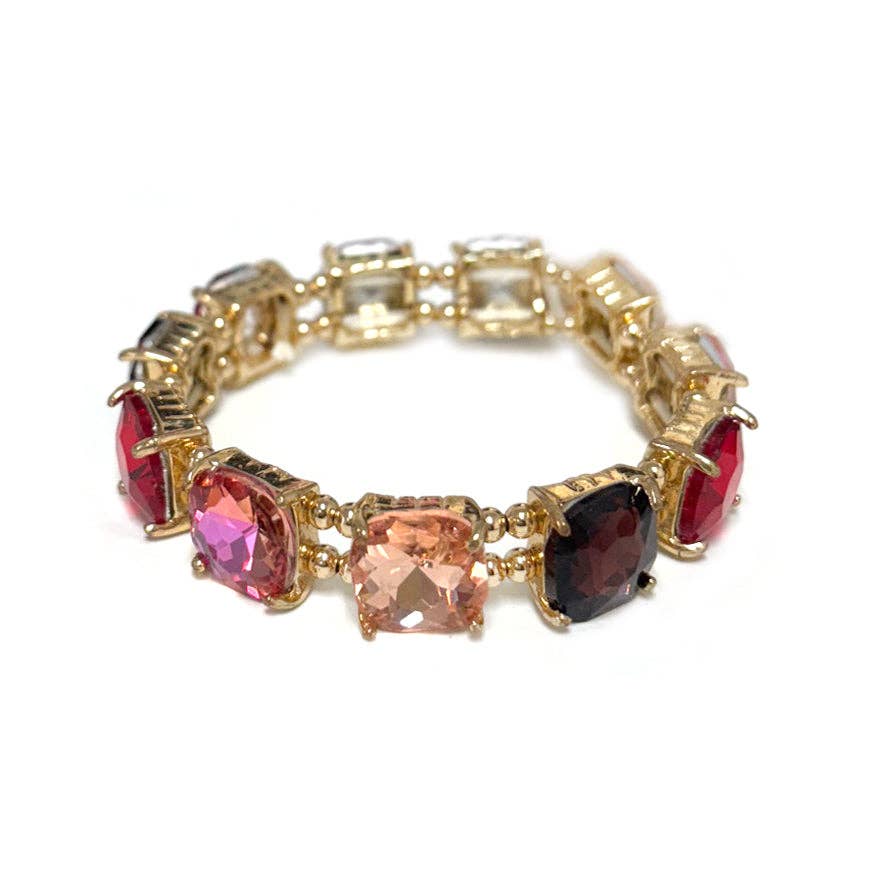 Pink Multi Crystal Square and Gold Stretch Bracelet