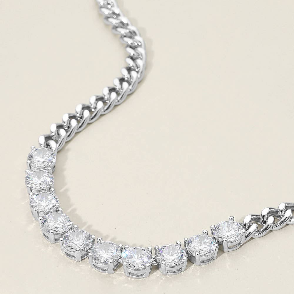 14K Gold Plated Round-Cut Solitaire CZ Stone Link Necklace: Clear Rhodium