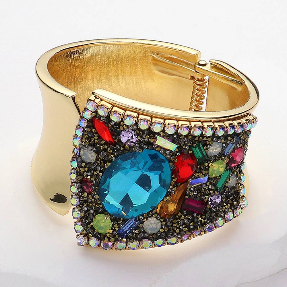 Faceted Oval Stone Statement Bangle Hinged Bracelet: Multi-Colored