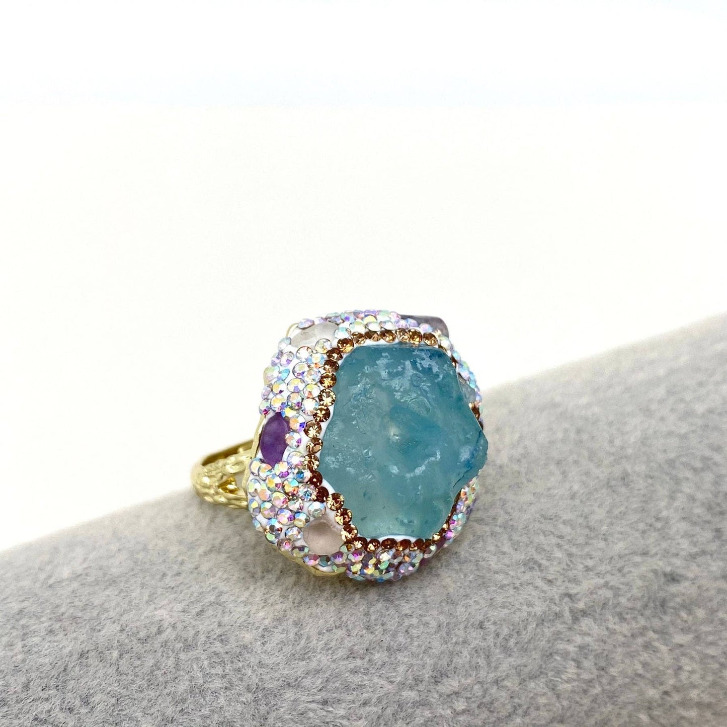 Irregular Crystal Adjustable Ring Inlaid with Rhinestones-CS: Citrine