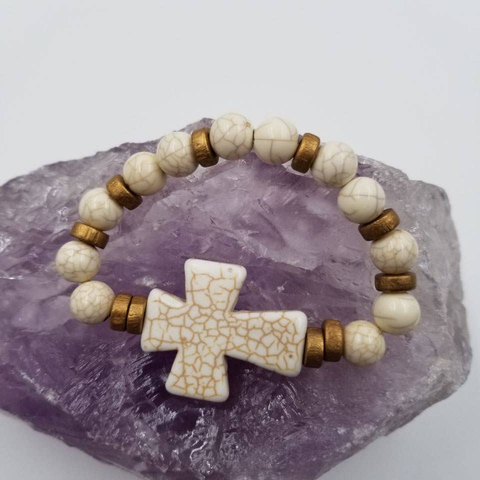 Turquoise Chunky Cross Stretch Bracelet: Gray, White, Black