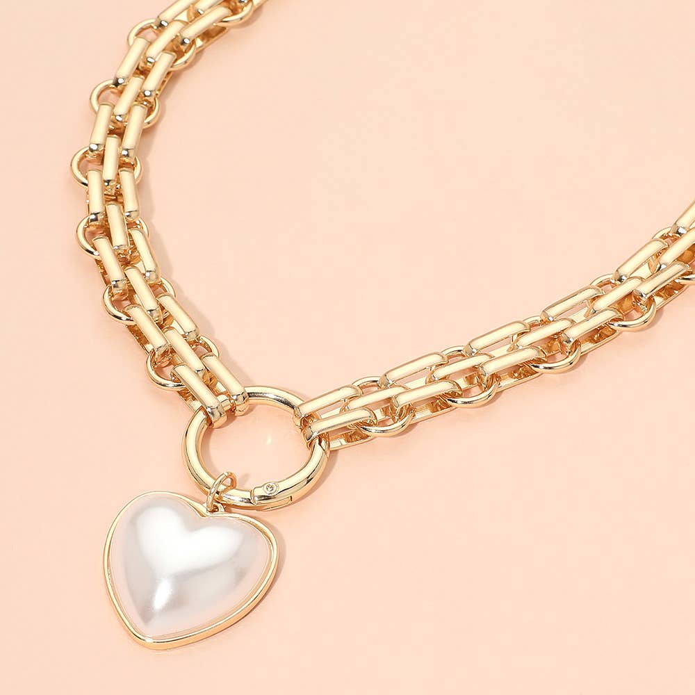 Pearl Heart Pendant Chunky Chain Necklace