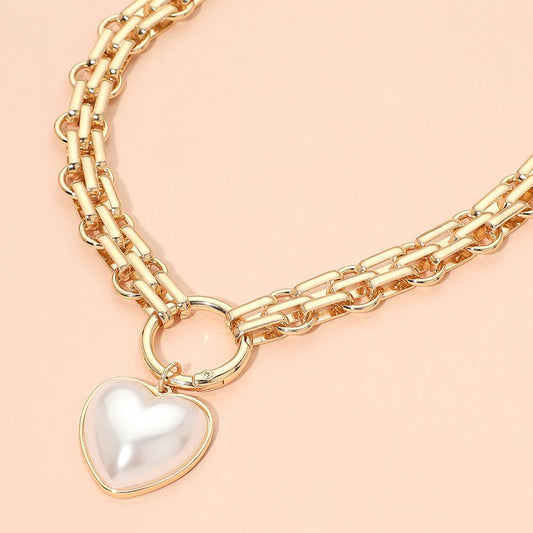 Pearl Heart Pendant Chunky Chain Necklace