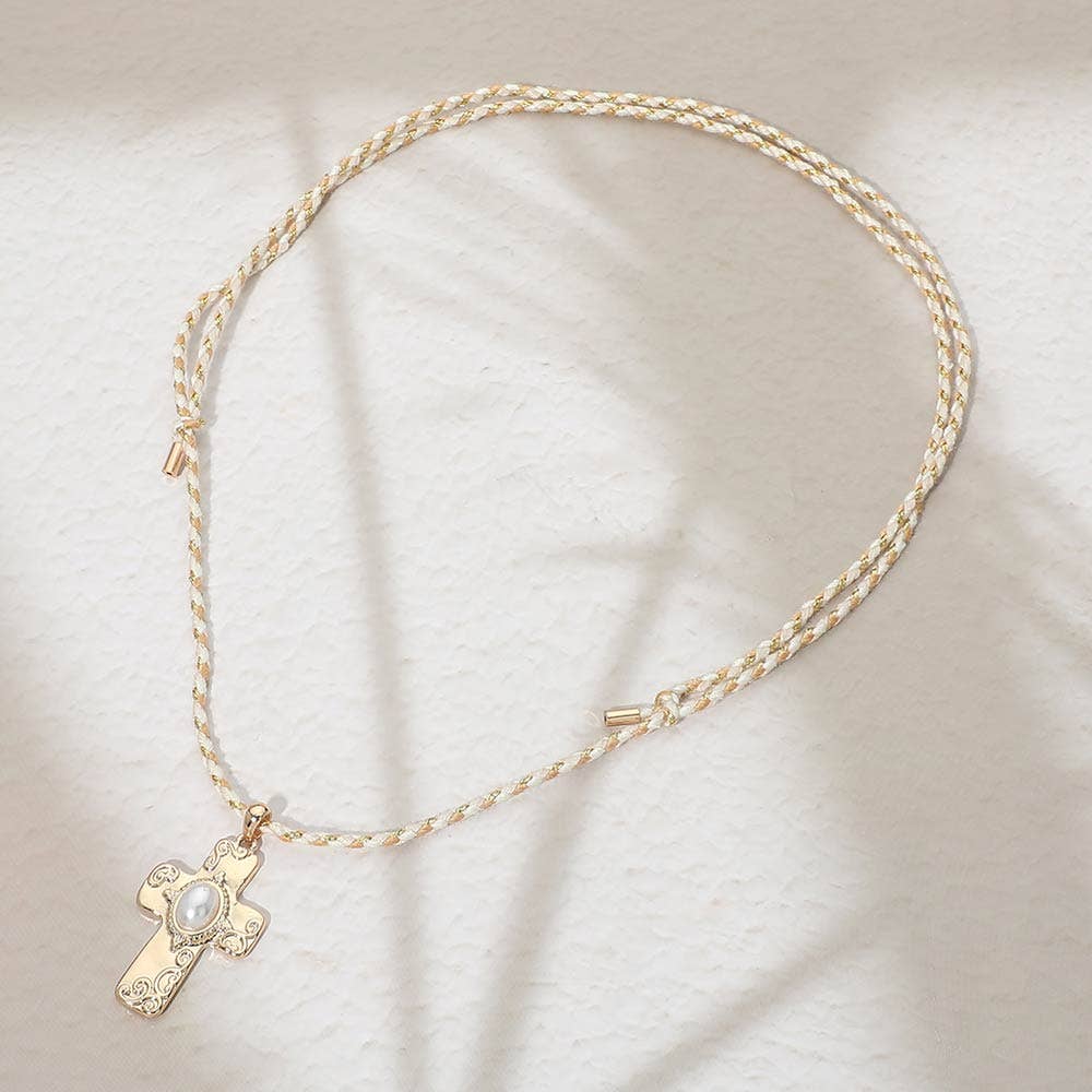 Oval Pearl Accent Cross Pendant Twisted Thread Adjustable Necklace