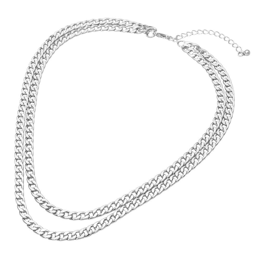 Gold Dipped Double Layer Cuban Chain Necklace: Rhodium & Gold