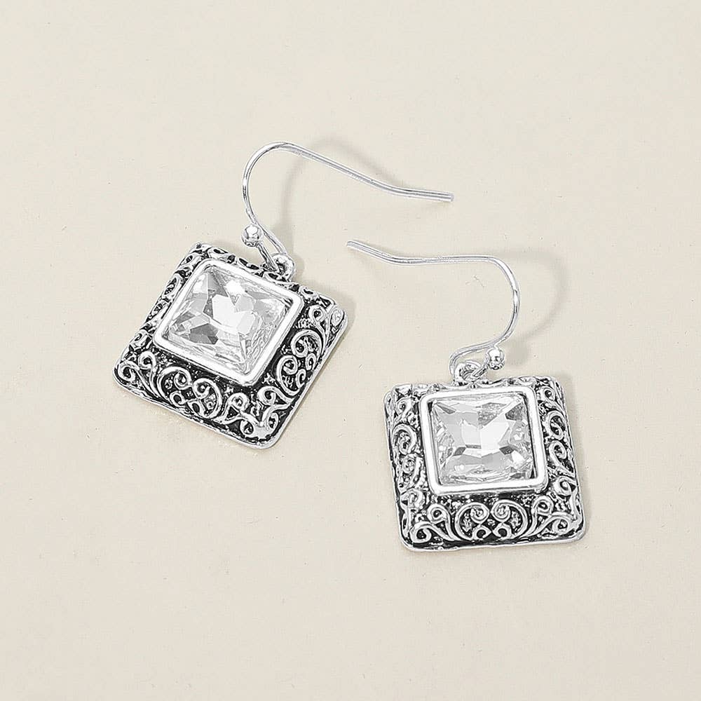 Antique Metal Scrollwork Frame Square Tile Drop Dangle Earrings: Antique Silver Black