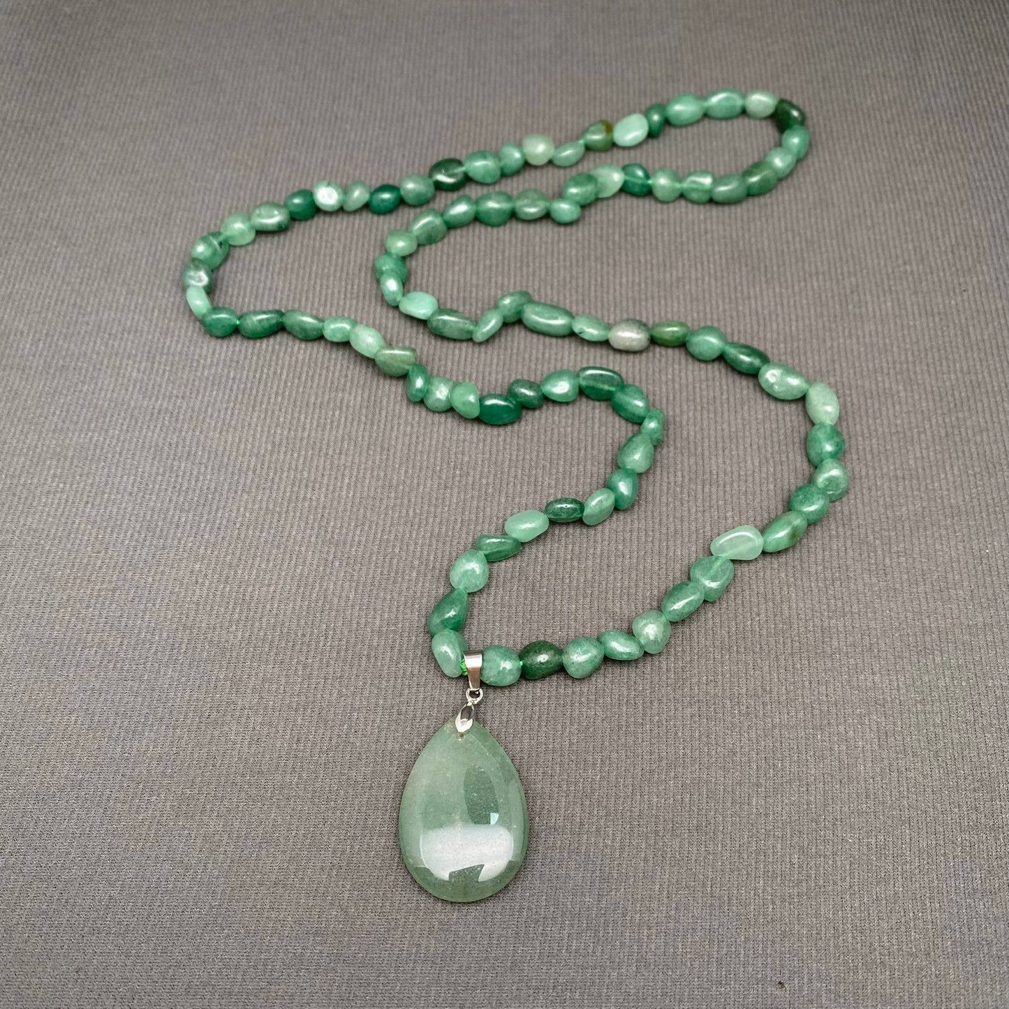 Drop Pendant Natural Stone Beaded Long Necklace - CS: Green Aventurine