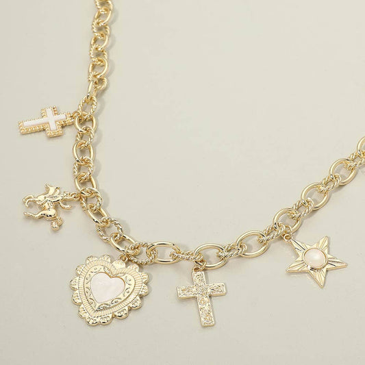 Antique Metal Cross Horse Mother Of Pearl Stone Accent Heart Star Charm Station Necklace: Gold