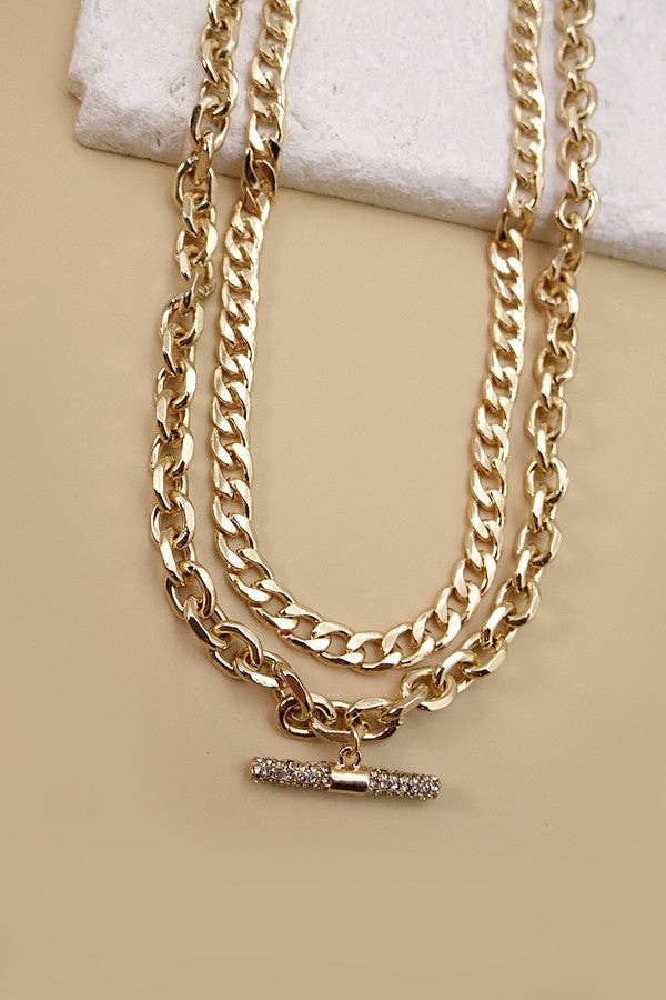 RHINESTONE BAR CHUNKY CHAIN DOUBLE LAYER NECKLACE | 71N220950: GOLD