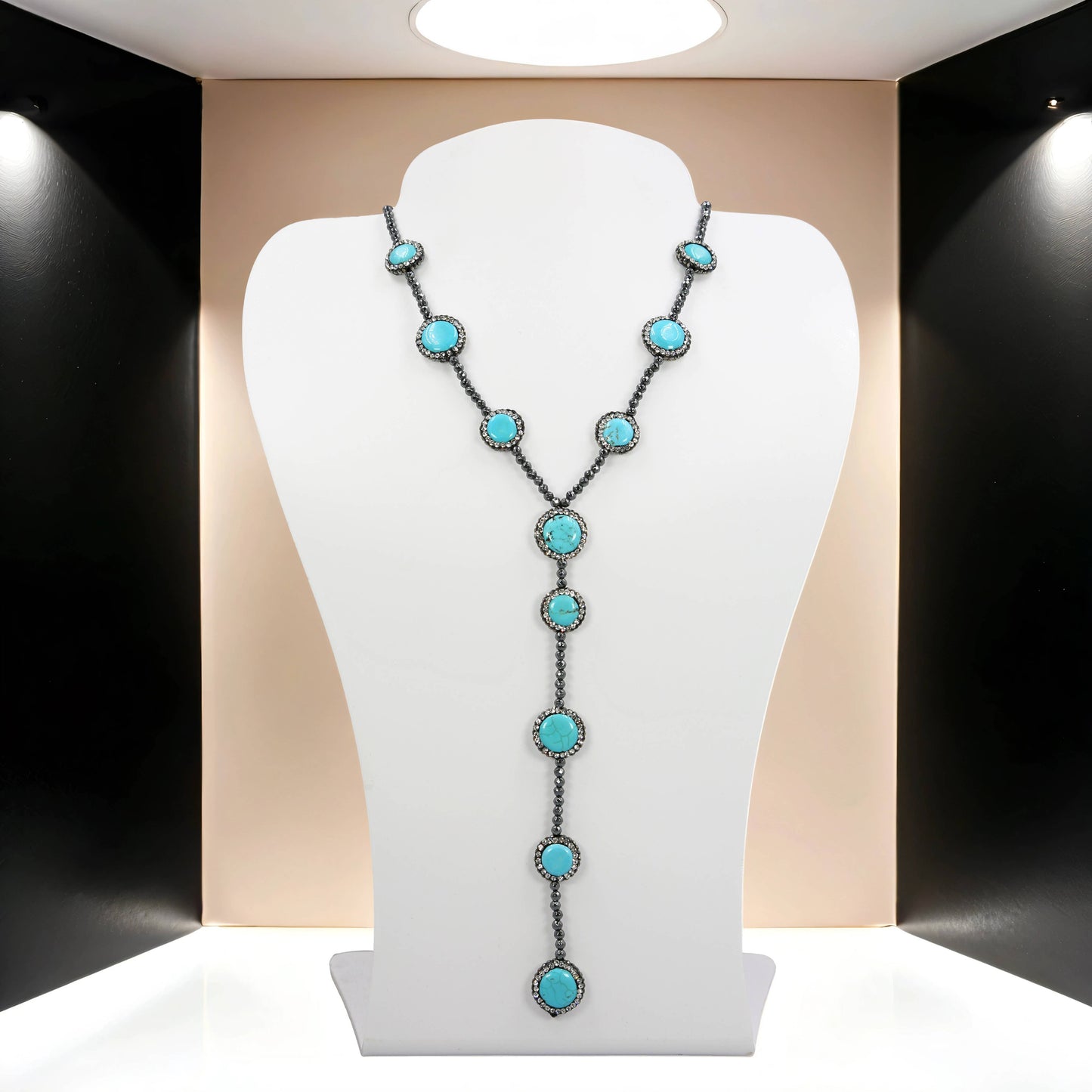 Faceted Hematite and Gemstone Lariat Necklace : Magnesite Turquoise
