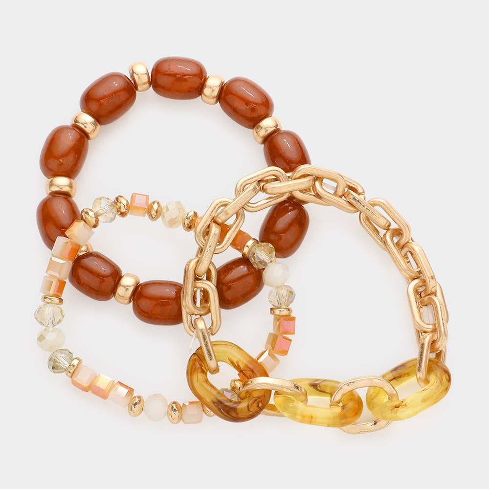 3PCS - Natural Stone Open Metal Oval Link Stretch Bracelets: Brown