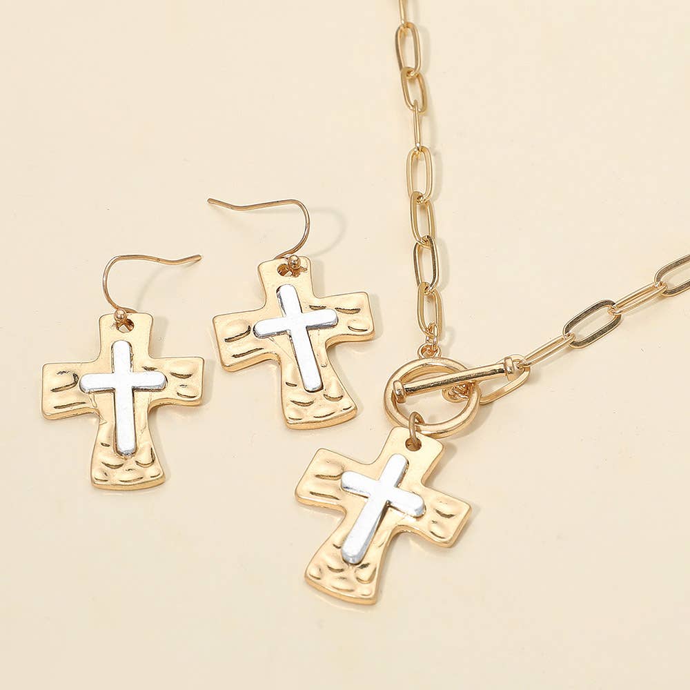 Brushed Hammered Metal Cross Pendant Paperclip Chain Toggle Necklace: Two Tone,Worn Gold