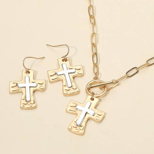 Brushed Hammered Metal Cross Pendant Paperclip Chain Toggle Necklace: Two Tone,Worn Gold