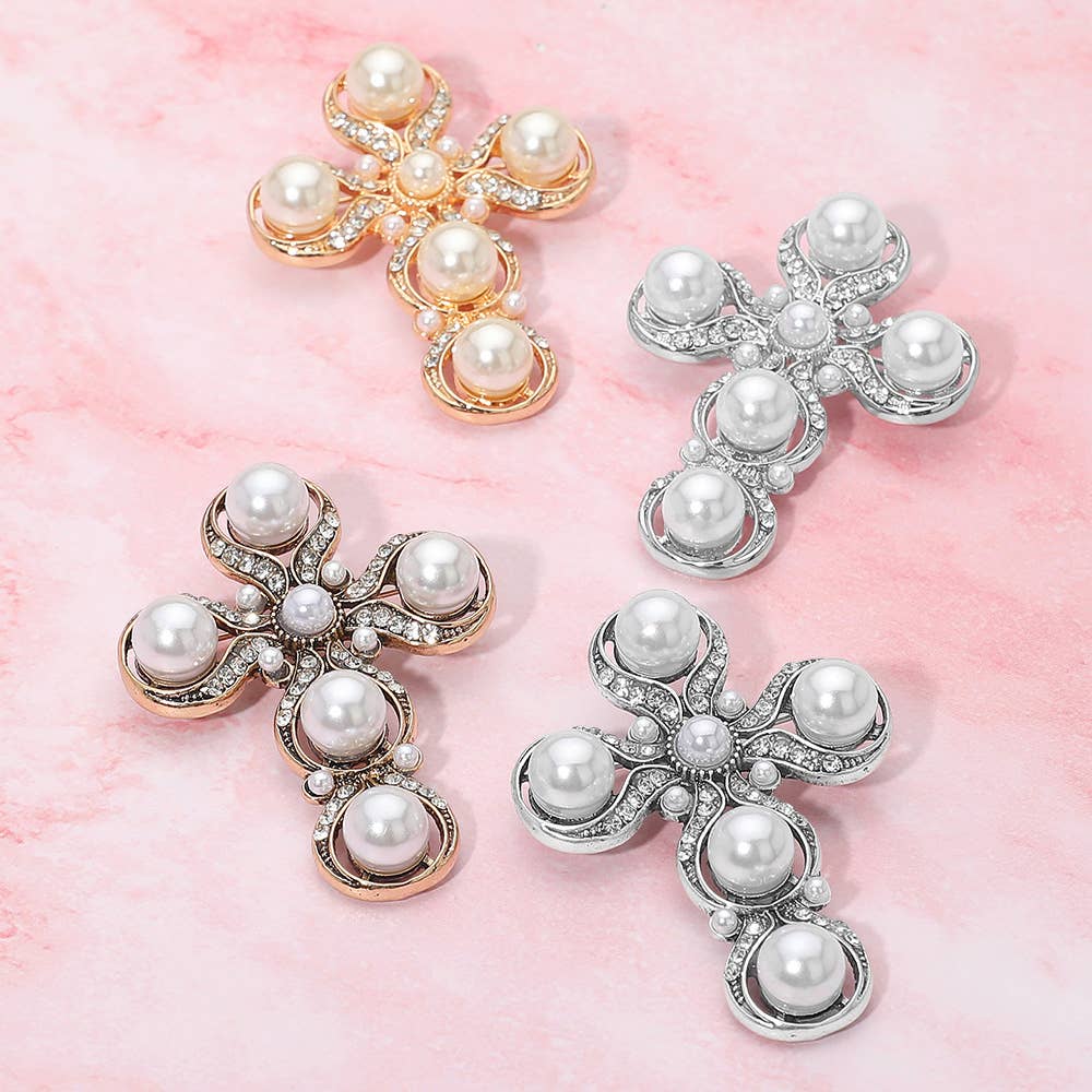 Rhinestone Paved Pearl Antique Cross Pin Brooch: Antique Silver,White