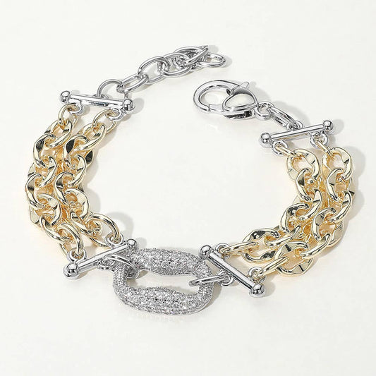 14K Gold Plated Two Tone CZ Stone Paved Plate Accent Double Chain Bracelet