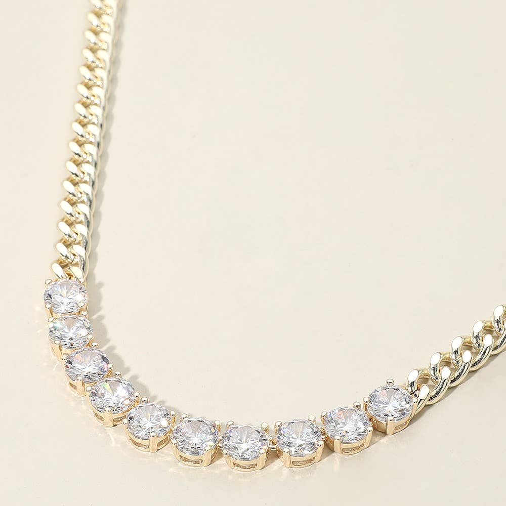 14K Gold Plated Round-Cut Solitaire CZ Stone Link Necklace: Clear Gold