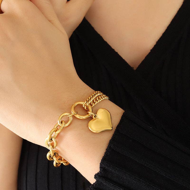 18k Stainless Steel Puffy Heart Chain Bracelet (LSSG-BP1)