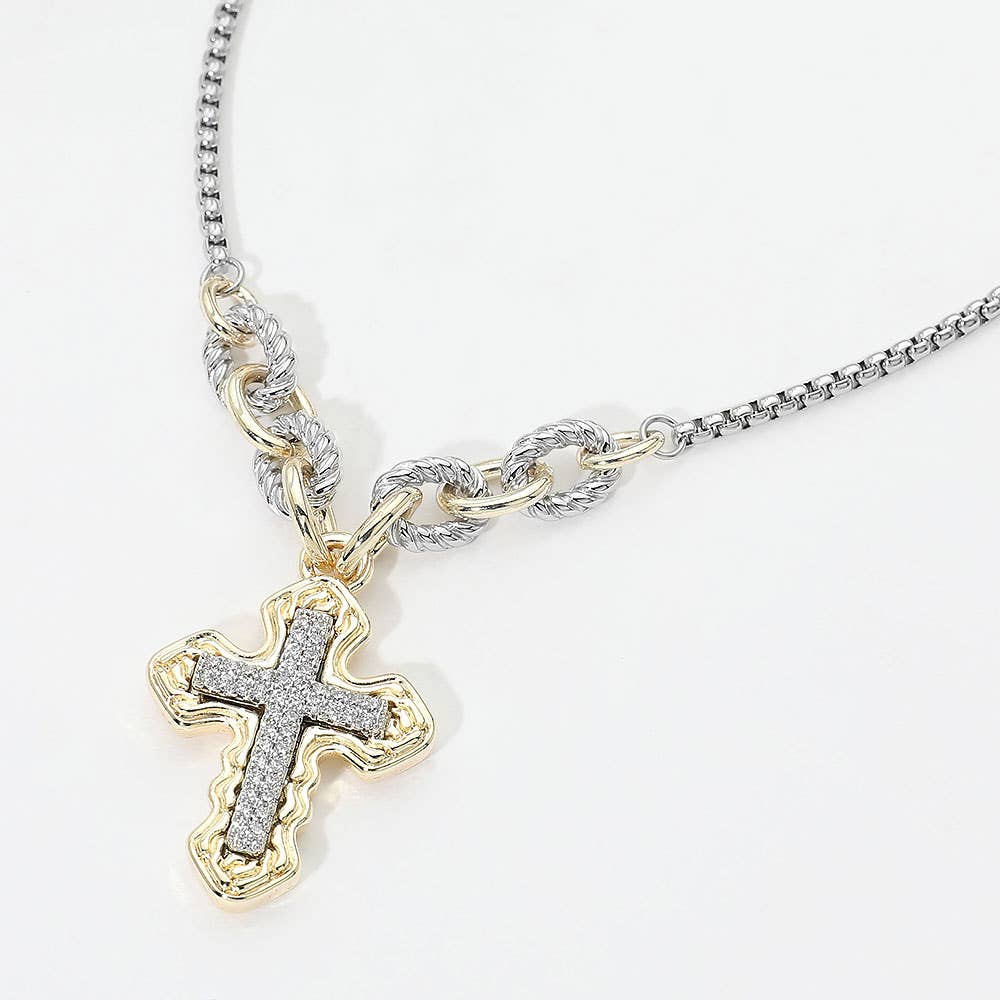 14K Gold Plated Two Tone CZ Pave Cross Pendant Necklace