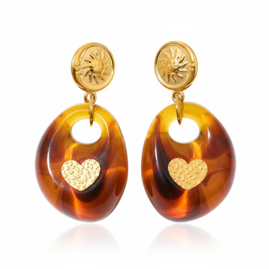 18K Stainless Steel Amber Heart Resin Earrings LSSGE263