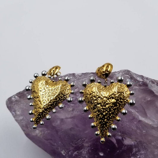 Mixed Metal Vintage Heart Earrings - 18k Gold Plated