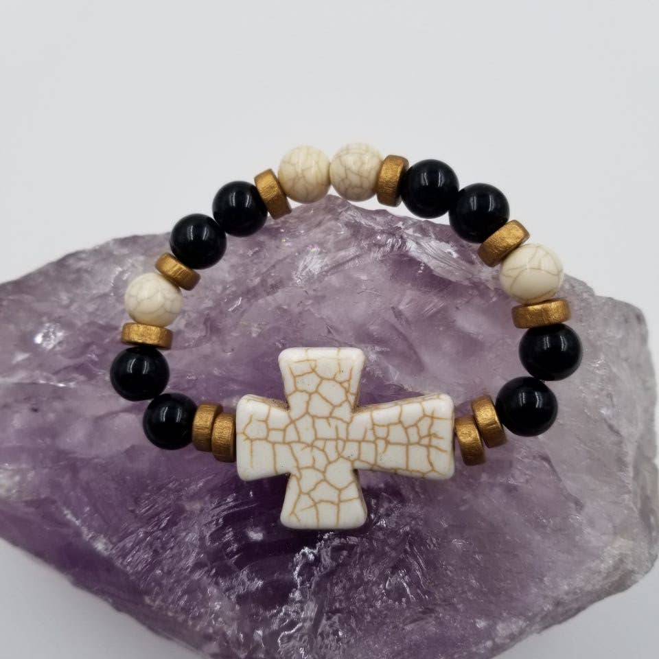 Turquoise Chunky Cross Stretch Bracelet: Gray, White, Black