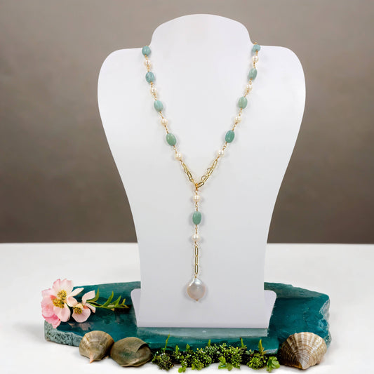 Amazonite and Cultured Pearl Y Style Necklace