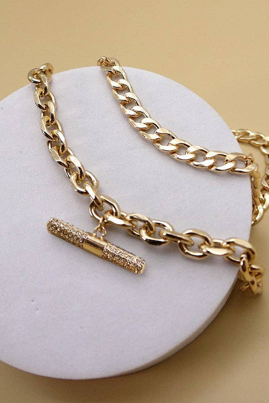 RHINESTONE BAR CHUNKY CHAIN DOUBLE LAYER NECKLACE | 71N220950: GOLD