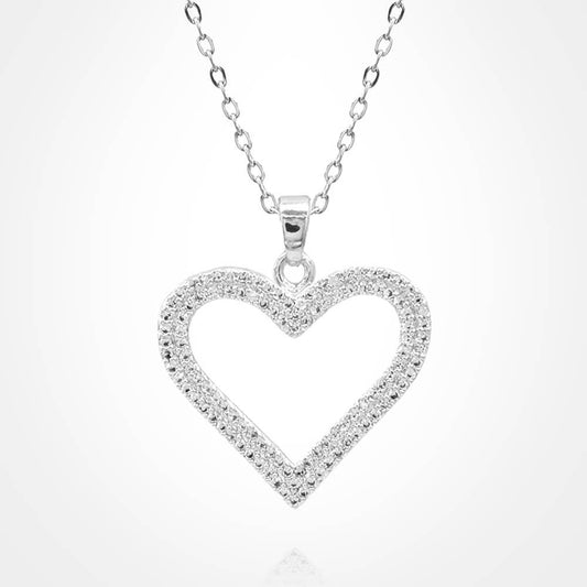 Stainless Steel CZ Stone Paved Open Heart Pendant Necklace: Clear,Silver