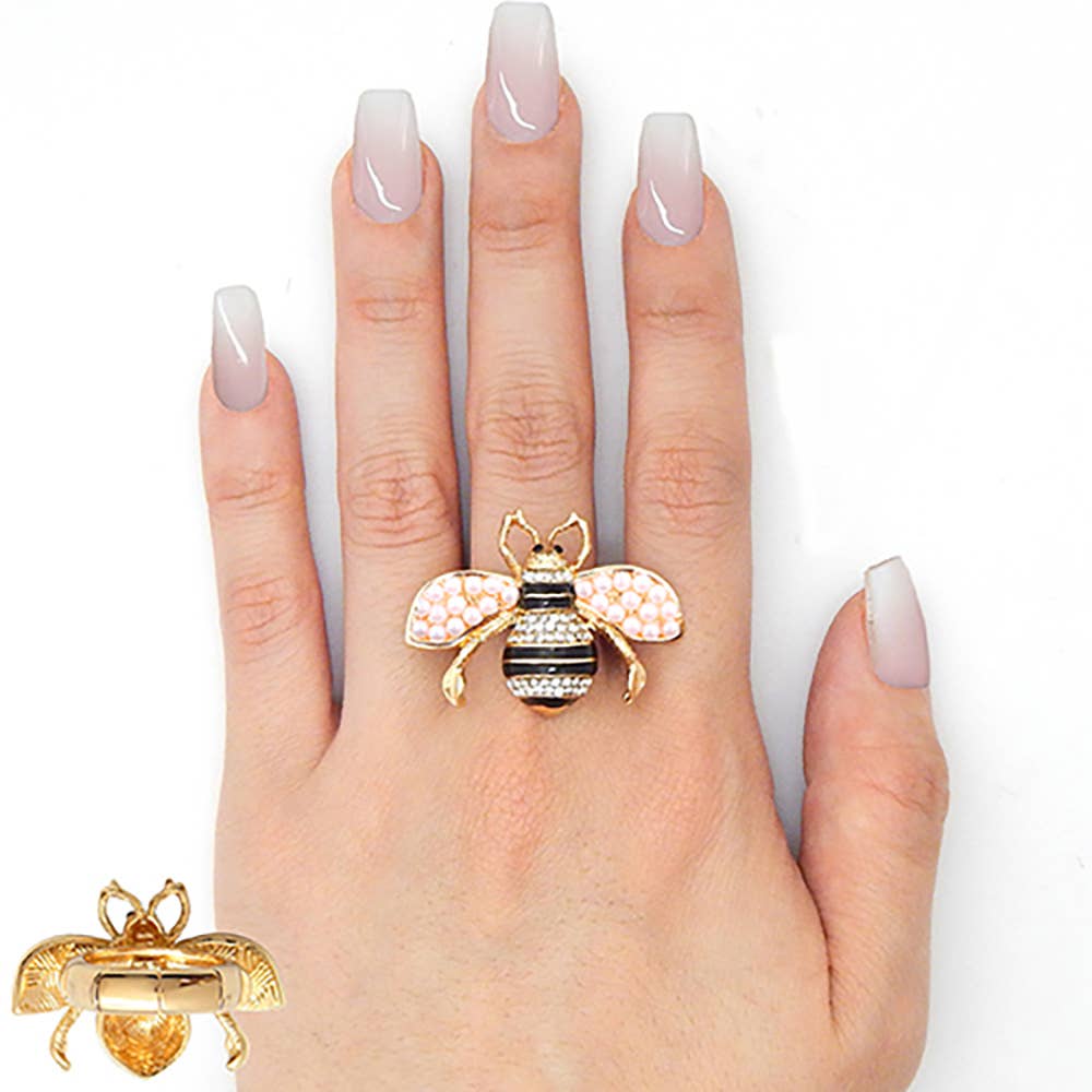 Rhinestone Embellished Honey Bee Stretch Ring: Cream