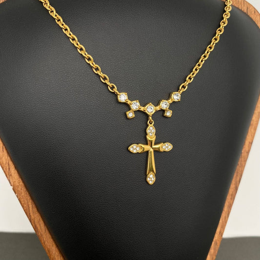 Zircon inlaid Cross charm 18K Gold Plated SS Necklace - FGS
