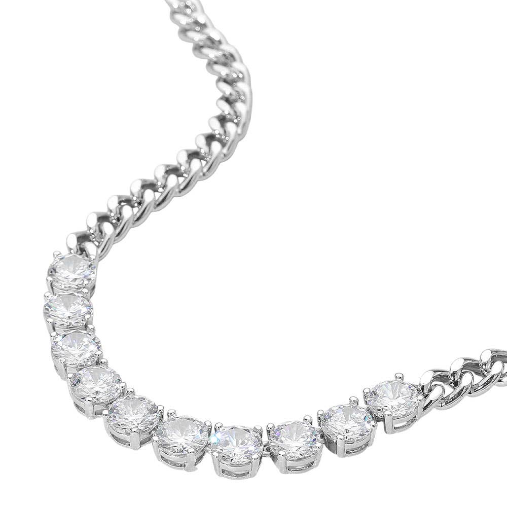 14K Gold Plated Round-Cut Solitaire CZ Stone Link Necklace: Clear Rhodium