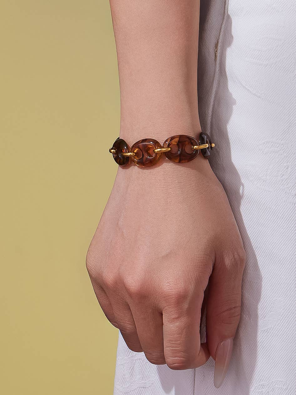 Acacia 18K Gold Non-Tarnish Chunky Resin Link Bracelet: Brown