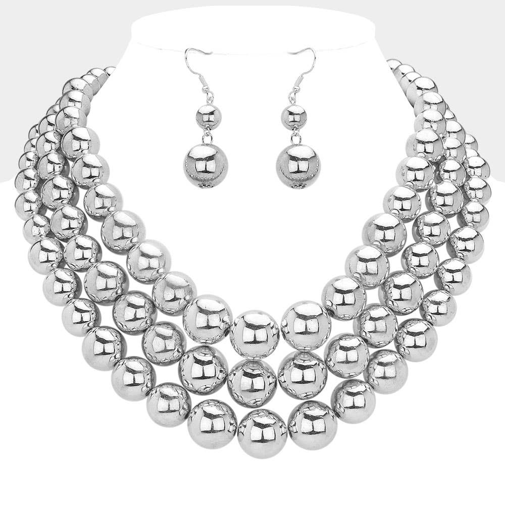 Metal Ball Beaded Triple Layered Statement Necklace
: Silver