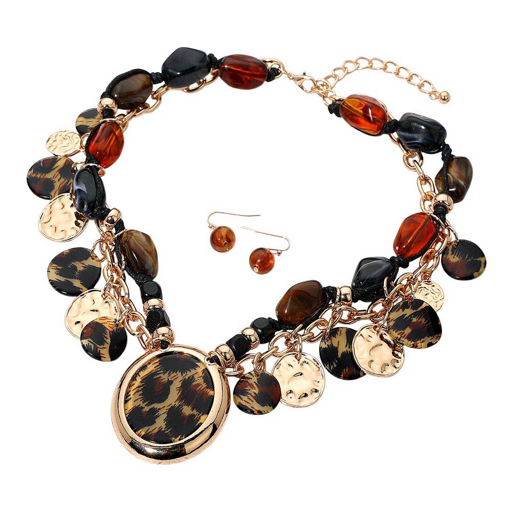 Bold Patterned Resin Oval Pendant Accent Layered Charm Station Pebble Beaded Statement Necklace: Gold,Leopard